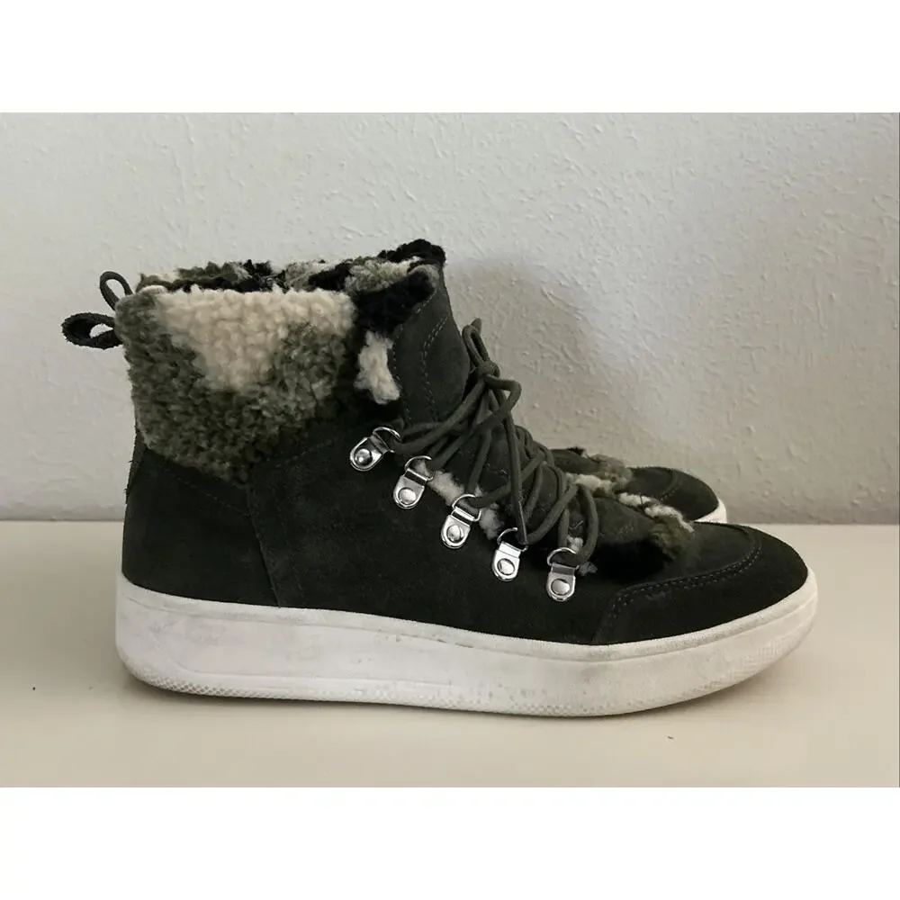 Steve Madden Leather Hi-Top Women 7M Debora Green Suede Camo Sherpa Zip Sneaker - Picture 2 of 9
